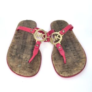 Michael Kors Logo Pink Jelly Cork Thong Sandals size 6 HOT PINK gold metal‎ Logo